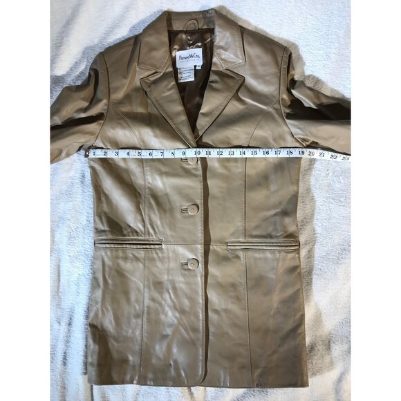 Pamela McCoy Women's Vintage Y2K Taupe Leather Blazer Duster - Picture 6 of 8
